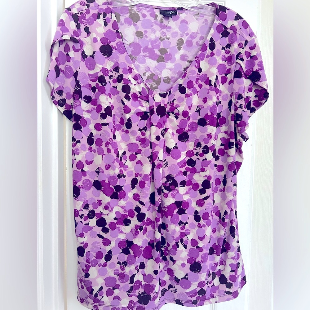 East 5th Purple and Black and White Patterned V-neck Blouse